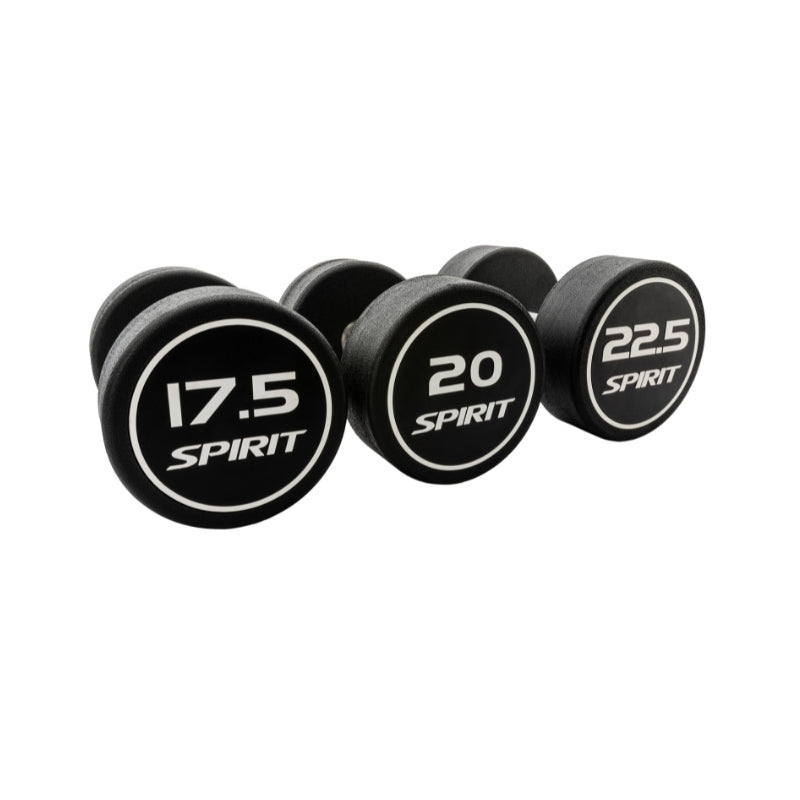 Three black dumbbells with various numbers and the "Spirit" logo on a white background 