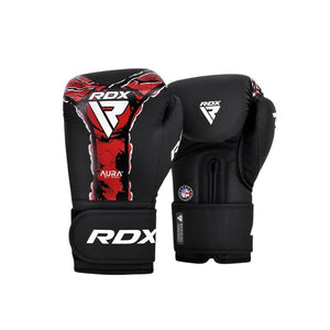 A pair of black RDX boxing gloves with red and white graphic designs, displayed against a solid white background.