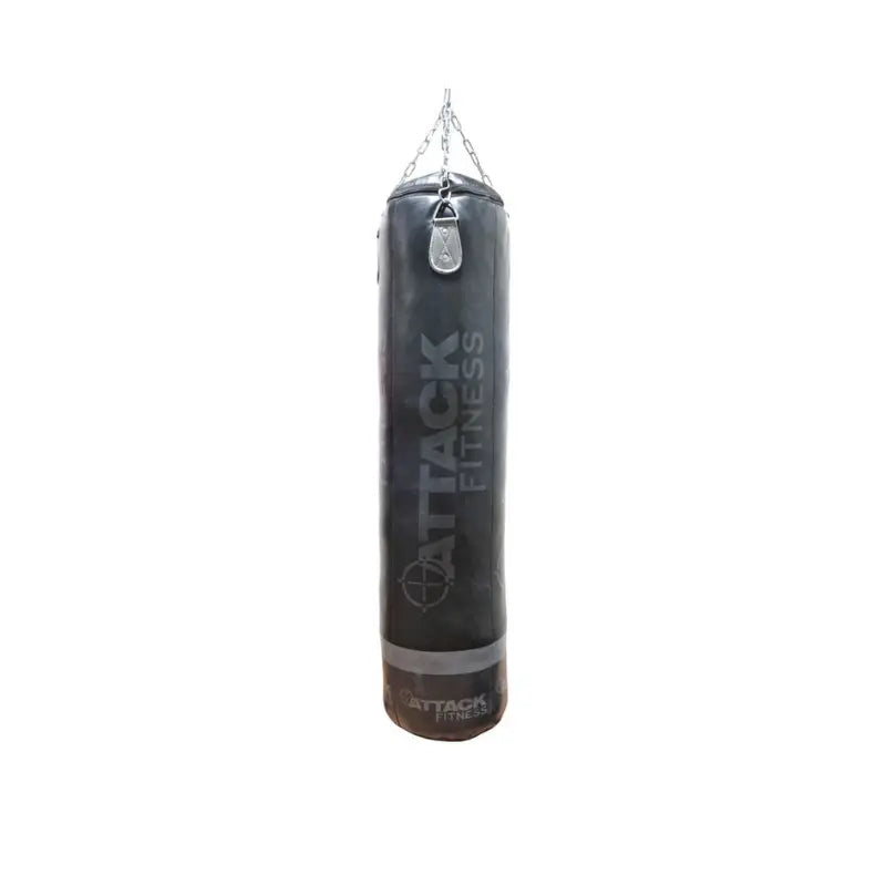 The Attack Fitness 5ft Heavy Duty Leather Punch Bag (70kg, Black/Graphite Grey) hangs from sturdy metal chains. Ideal for MMA and boxing training, it stands out against a plain white background with bold Attack Fitness branding.