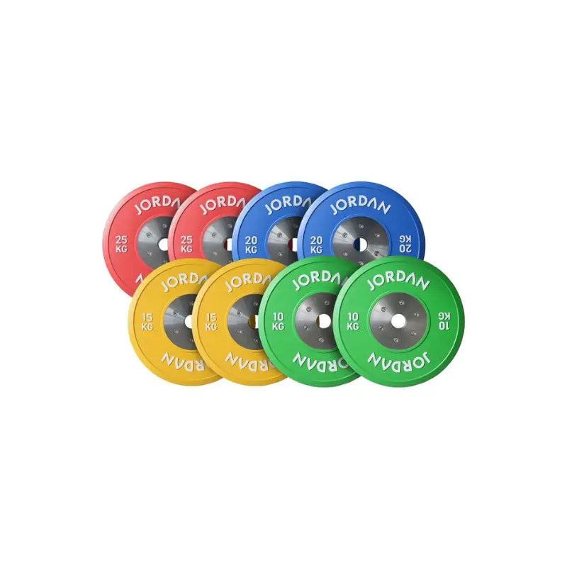 A green 10kg JORDAN Olympic Competition Calibrated Weight Plate (IWF Standard) features Jordan in white twice on the edge and a metal center ring.