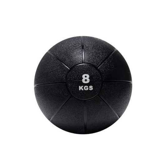 An Attack Fitness Medicine Ball (8kg) in black, featuring a textured surface and grooves with white 8 KGS text at the center, ideal for power, strength & functional training, shown from above on a white background.