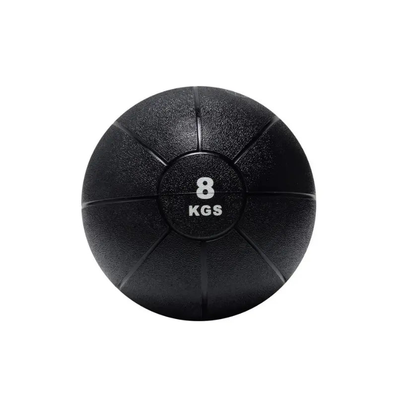 An Attack Fitness Medicine Ball (8kg) in black, featuring a textured surface and grooves with white 8 KGS text at the center, ideal for power, strength & functional training, shown from above on a white background.