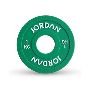 The Jordan Urethane Fractional Change Plate Set features colour-coded Olympic weight plates (0.5kg–2.5kg), including a red 2.5kg plate—ideal for micro-loading and easy weight identification on your barbell. Displayed on a white background.