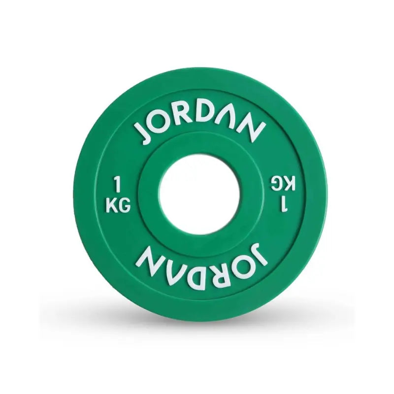 The Jordan Urethane Fractional Change Plate Set features colour-coded Olympic weight plates (0.5kg–2.5kg), including a red 2.5kg plate—ideal for micro-loading and easy weight identification on your barbell. Displayed on a white background.