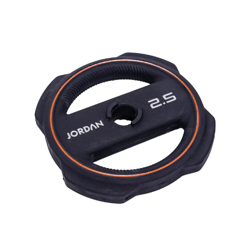 The Jordan Ignite Pump X™ Rubber Studio Set features a black studio barbell with textured grip and labeled round rubber plates, all in a sleek design, studio ready and shown isolated on a white background.