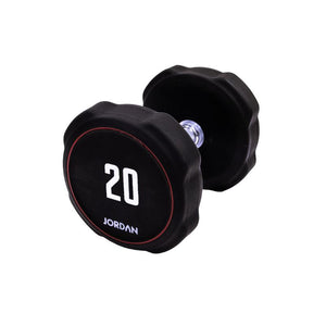 A single black JORDAN Ignite Urethane Dumbbell (1kg) with a silver handle and anti-roll design, branded "Jordan" on the round end, is shown against a white background, highlighting its commercial-grade quality.