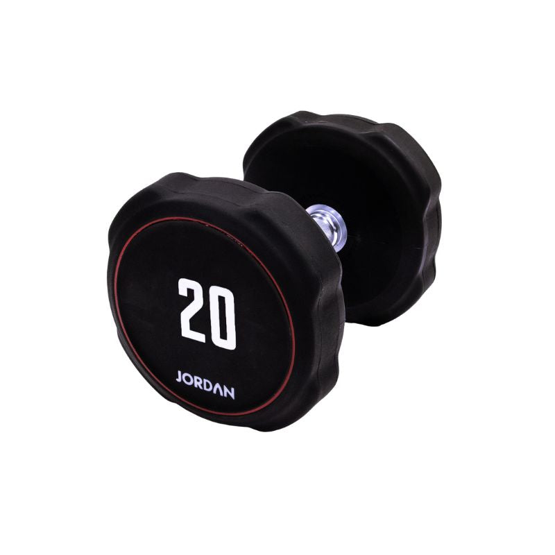 A single black JORDAN Ignite Urethane Dumbbell (1kg) with a silver handle and anti-roll design, branded "Jordan" on the round end, is shown against a white background, highlighting its commercial-grade quality.