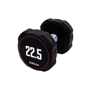 A single black JORDAN Ignite Urethane Dumbbell (1kg) with a silver handle and anti-roll design, branded "Jordan" on the round end, is shown against a white background, highlighting its commercial-grade quality.