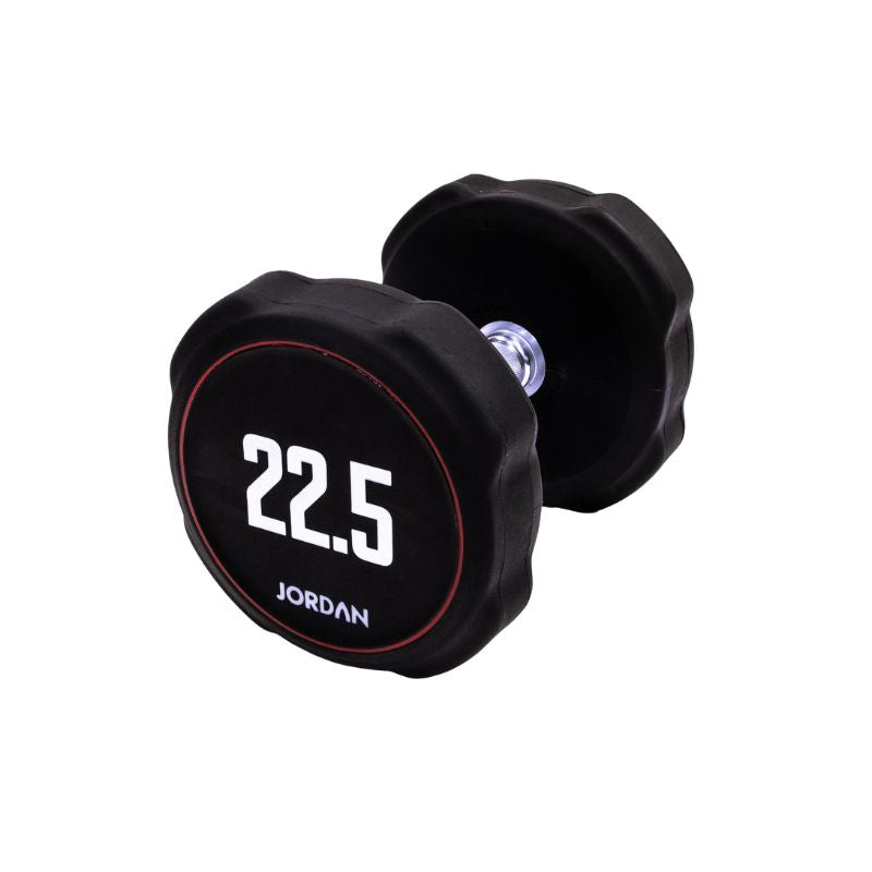 A single black JORDAN Ignite Urethane Dumbbell (1kg) with a silver handle and anti-roll design, branded "Jordan" on the round end, is shown against a white background, highlighting its commercial-grade quality.