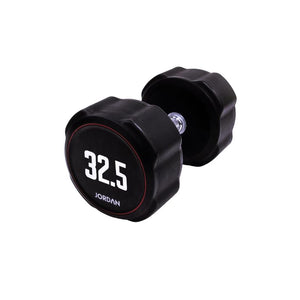 A single black JORDAN Ignite Urethane Dumbbell (1kg) with a silver handle and anti-roll design, branded "Jordan" on the round end, is shown against a white background, highlighting its commercial-grade quality.