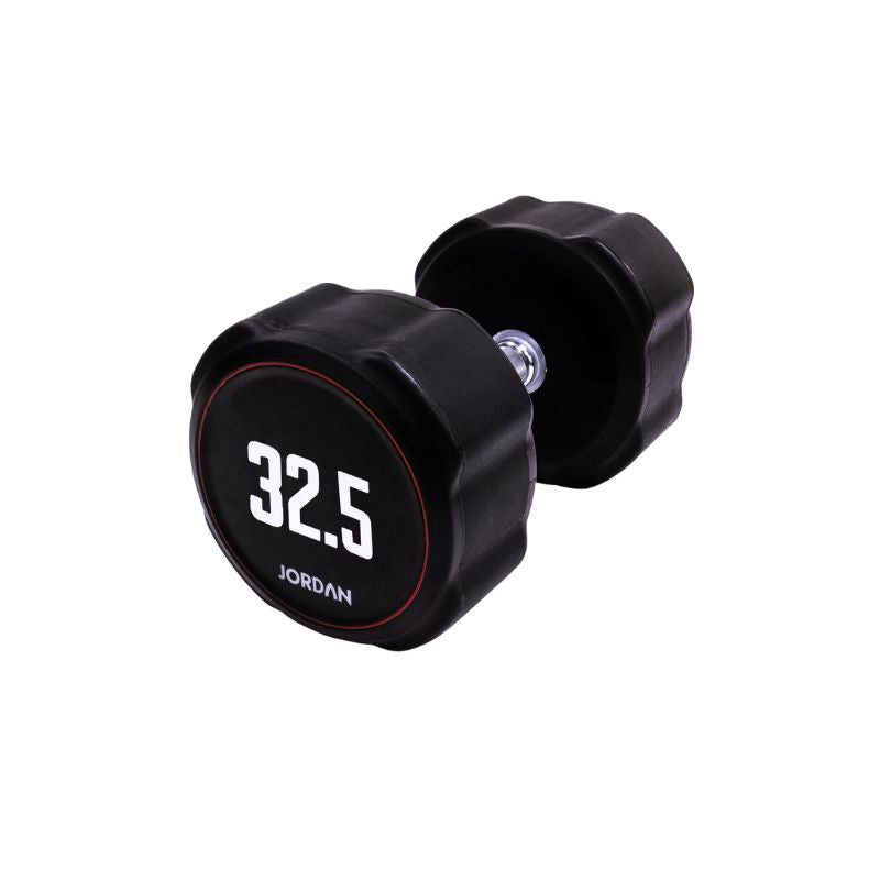 A single black JORDAN Ignite Urethane Dumbbell (1kg) with a silver handle and anti-roll design, branded "Jordan" on the round end, is shown against a white background, highlighting its commercial-grade quality.