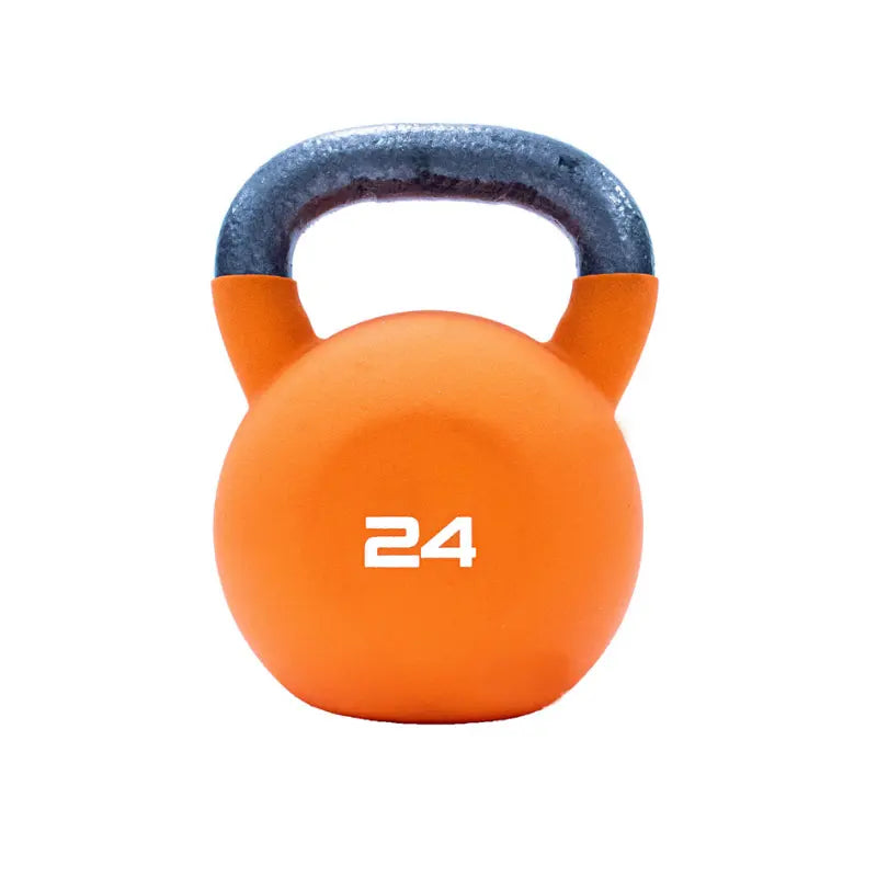 The Jordan JORDAN Neoprene Kettlebell, color-coded in orange with a metal handle and white 24 on the front, is ideal for strength and functional training. Displayed on a white background.
