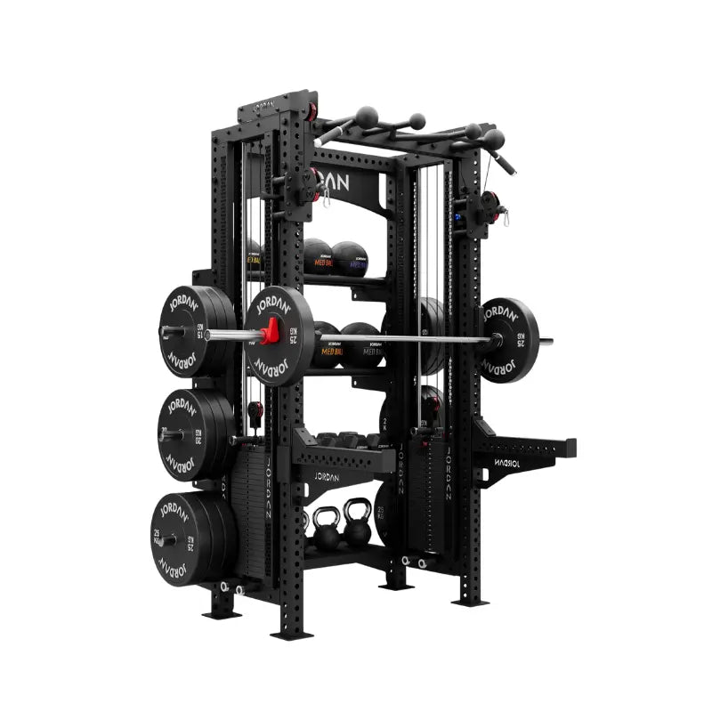 The JORDAN -J75 Cable Rack in black is a versatile gym power rack with barbells and weight plates on both sides. It features storage for weights and equipment, making it ideal for strength training exercises. The top arch is labeled Jordan.