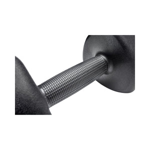 Close-up of a black dumbbell on a white background