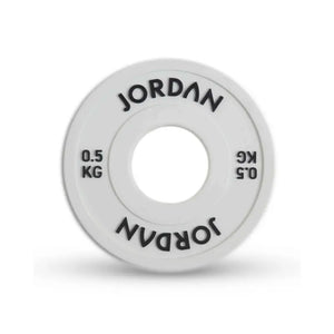 The Jordan Urethane Fractional Change Plate Set features colour-coded Olympic weight plates (0.5kg–2.5kg), including a red 2.5kg plate—ideal for micro-loading and easy weight identification on your barbell. Displayed on a white background.