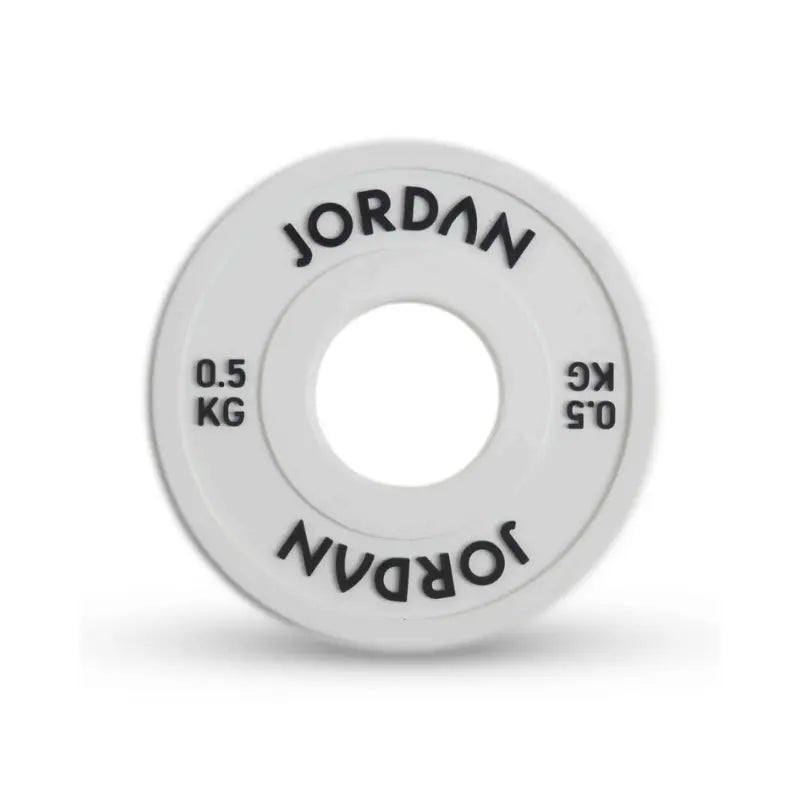 The Jordan Urethane Fractional Change Plate Set features colour-coded Olympic weight plates (0.5kg–2.5kg), including a red 2.5kg plate—ideal for micro-loading and easy weight identification on your barbell. Displayed on a white background.