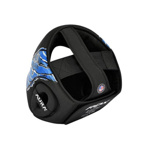 Black MMA headgear with blue and white graphic patterns on the side, featuring adjustable straps and a padded interior, shown on a white background.