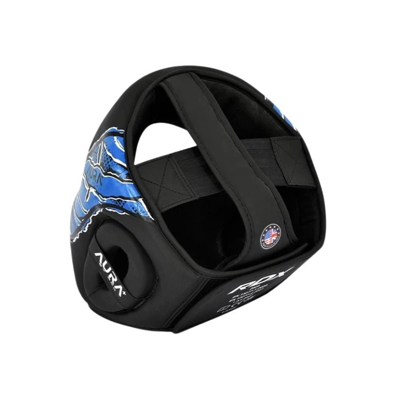 Black MMA headgear with blue and white graphic patterns on the side, featuring adjustable straps and a padded interior, shown on a white background.