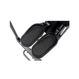 Black footrest attached to an elliptical trainer  on a white background