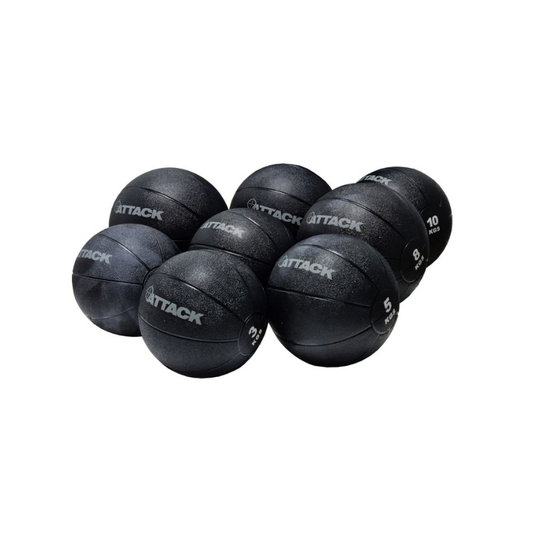 An Attack Fitness Medicine Ball (8kg) in black, featuring a textured surface and grooves with white 8 KGS text at the center, ideal for power, strength & functional training, shown from above on a white background.