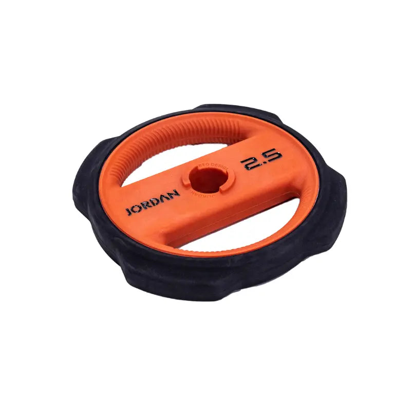The Jordan Ignite Pump X™ Urethane Studio Barbell Set features vibrant teal, orange, and purple plates on a white background—ideal for pump-style workouts and casting a unique shadow.