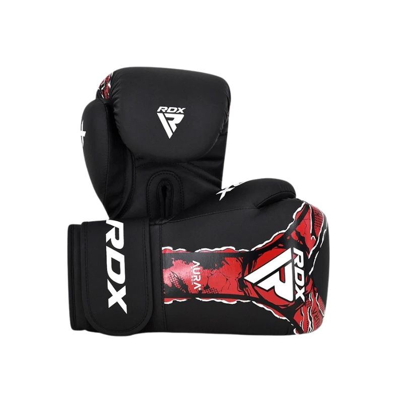 A pair of RDX Apea boxing gloves in black with red and white graphic patterns, shown against a plain white background.