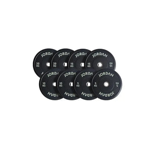 A 5kg JORDAN Rubber Bumper Plate, high-drop tested Olympic weight plate, black with “Jordan” in white lettering around the center hole, shown on a white background.