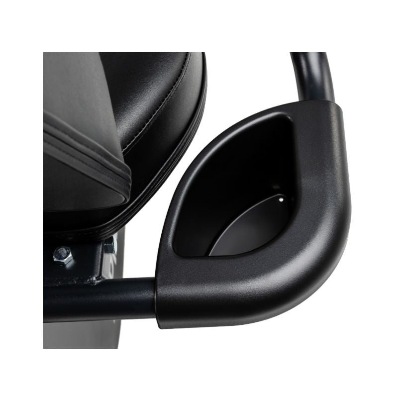 Close-up of a black recumbent exercise bike on a white background