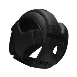Black MMA headgear by Kara by RDX, featuring a padded design with side guards and a chin strap, shown on a plain white background.