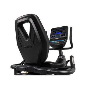 Black recumbent exercise bike console and seat on a white background