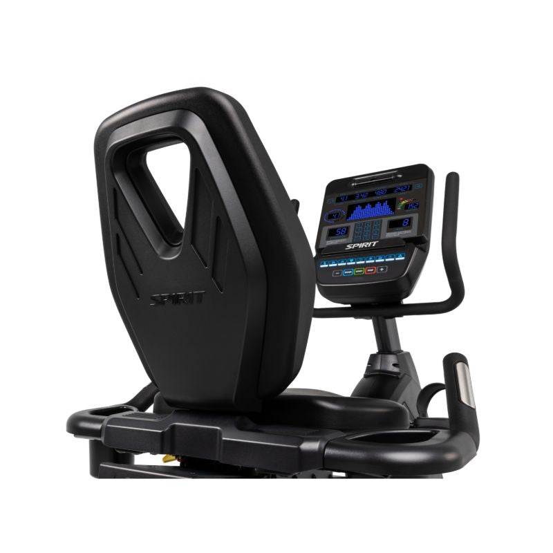 Black recumbent exercise bike console and seat on a white background