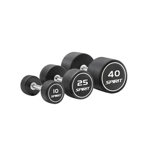 Three black dumbbells with numbers in white text and the "Spirit" logo