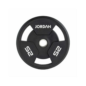 A black JORDAN Urethane Tri-Grip Weight Plate features three grip holes, JORDAN at the top, and 25 twice in white text, showing a 25kg weight. Part of the Jordan Urethane Tri-Grip Weight Plates collection.