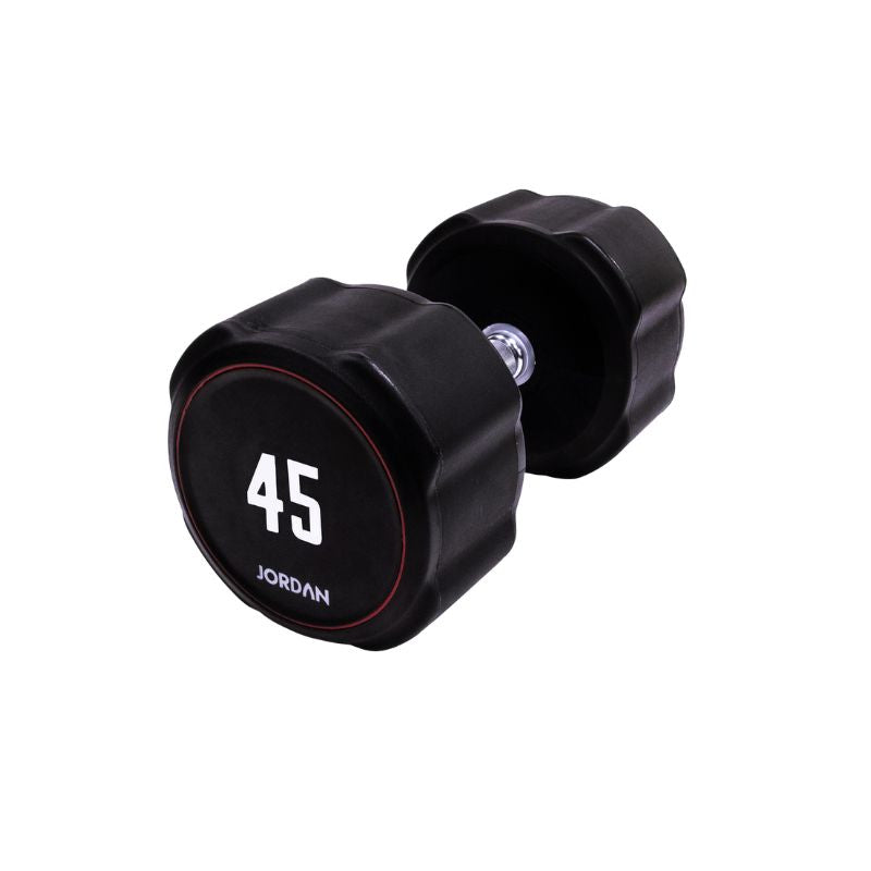 A single black JORDAN Ignite Urethane Dumbbell (1kg) with a silver handle and anti-roll design, branded "Jordan" on the round end, is shown against a white background, highlighting its commercial-grade quality.