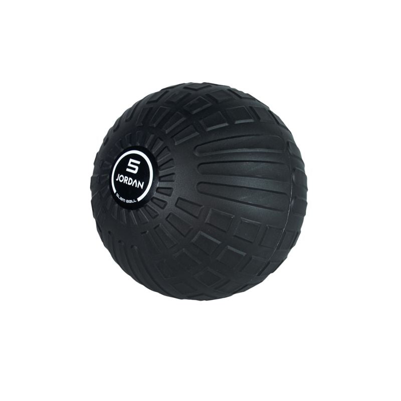 The JORDAN High-Performance Slam Ball by Jordan features a black textured surface with a "5 JORDAN" label, indicating its 5 kg weight—perfect for strength training and high-intensity workouts.