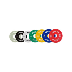 The Jordan Urethane Fractional Change Plate Set features colour-coded Olympic weight plates (0.5kg–2.5kg), including a red 2.5kg plate—ideal for micro-loading and easy weight identification on your barbell. Displayed on a white background.