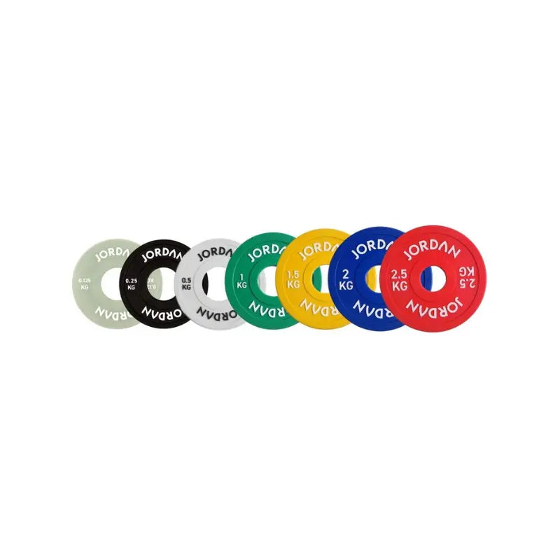 The Jordan Urethane Fractional Change Plate Set features colour-coded Olympic weight plates (0.5kg–2.5kg), including a red 2.5kg plate—ideal for micro-loading and easy weight identification on your barbell. Displayed on a white background.