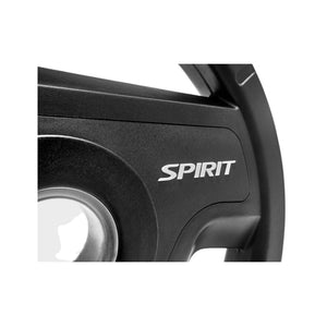 Close-up of a black weight plate with 'Spirit' branding on a white background