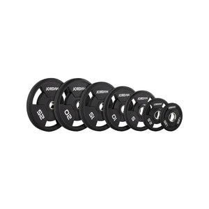 A black JORDAN Urethane Tri-Grip Weight Plate features three grip holes, JORDAN at the top, and 25 twice in white text, showing a 25kg weight. Part of the Jordan Urethane Tri-Grip Weight Plates collection.