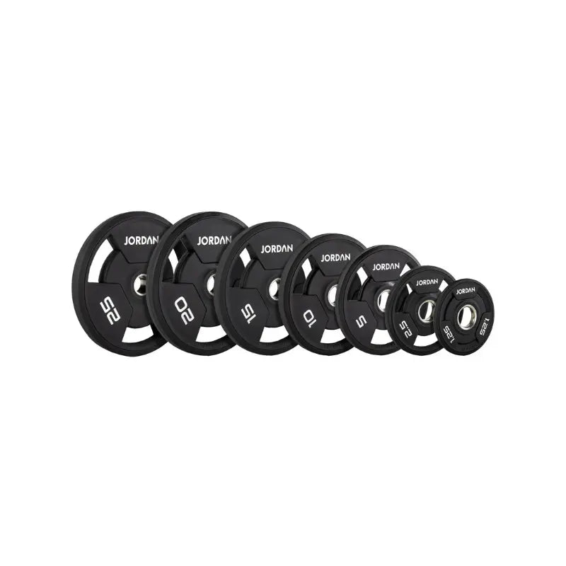 A black JORDAN Urethane Tri-Grip Weight Plate features three grip holes, JORDAN at the top, and 25 twice in white text, showing a 25kg weight. Part of the Jordan Urethane Tri-Grip Weight Plates collection.