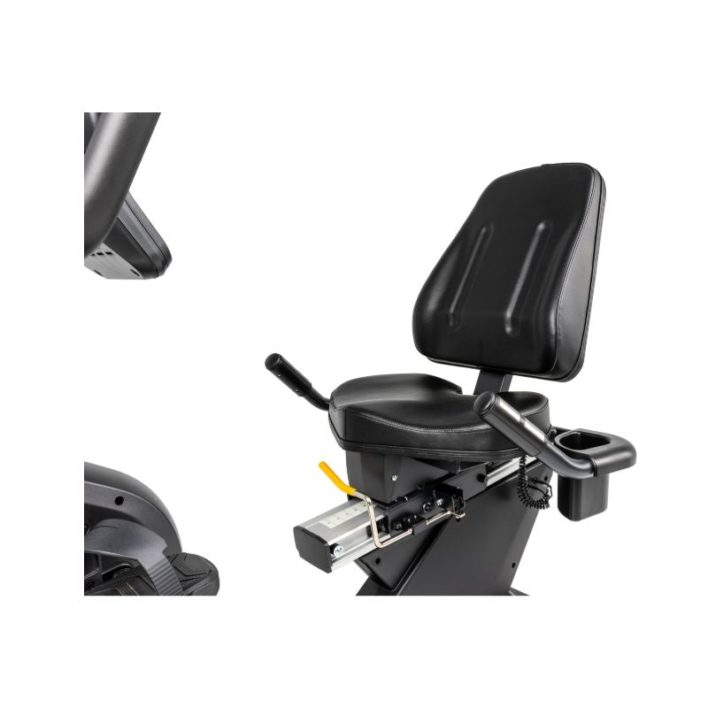 Recumbent exercise bike seat with handles on a white background