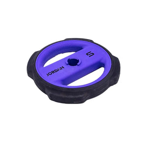 The Jordan Ignite Pump X™ Urethane Studio Barbell Set features vibrant teal, orange, and purple plates on a white background—ideal for pump-style workouts and casting a unique shadow.