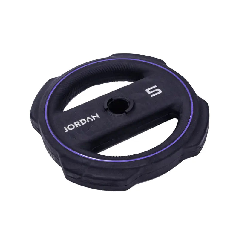 The Jordan Ignite Pump X™ Rubber Studio Set features a black studio barbell with textured grip and labeled round rubber plates, all in a sleek design, studio ready and shown isolated on a white background.