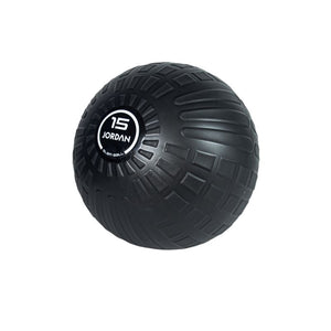 The JORDAN High-Performance Slam Ball by Jordan is a black 15 kg ball with a textured, tire-like surface and a central circular label—perfect for high-intensity training and strength workouts.