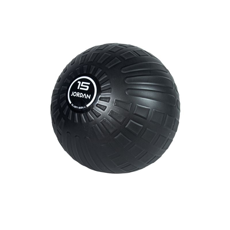 The JORDAN High-Performance Slam Ball by Jordan is a black 15 kg ball with a textured, tire-like surface and a central circular label—perfect for high-intensity training and strength workouts.