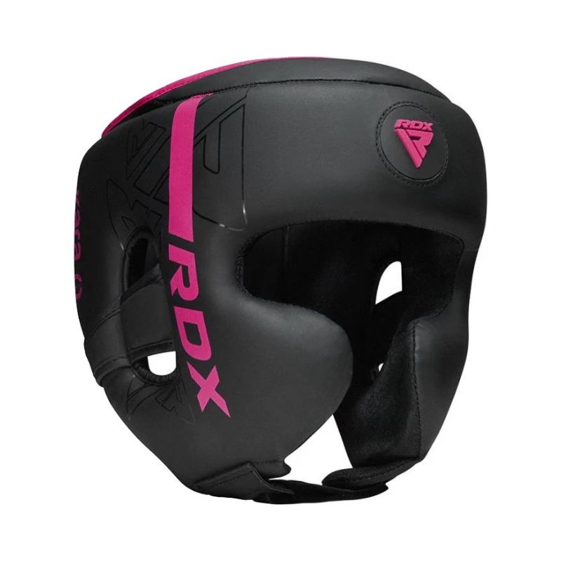 Black RDX boxing headgear with vibrant pink accents and branding, shown on a solid white background.