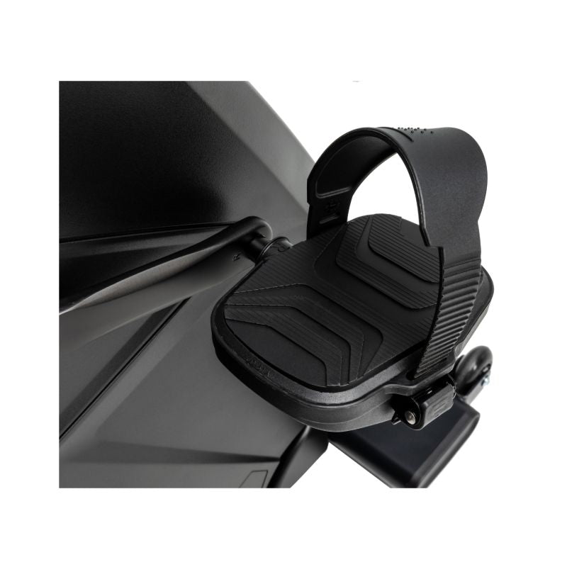 Black recumbent exercise bike pedal with a white background
