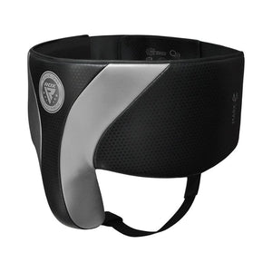 A black and gray RDX brand boxing or martial arts groin protector with padding and an adjustable strap, shown against a white background.