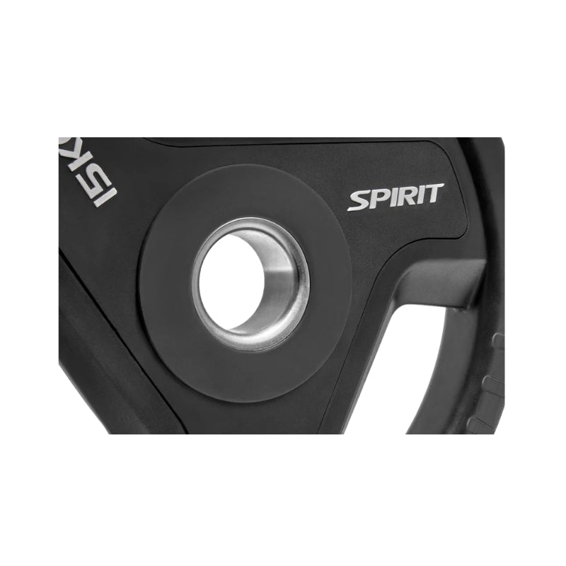 Close-up of a black weight plate with 'Spirit' branding on a white background