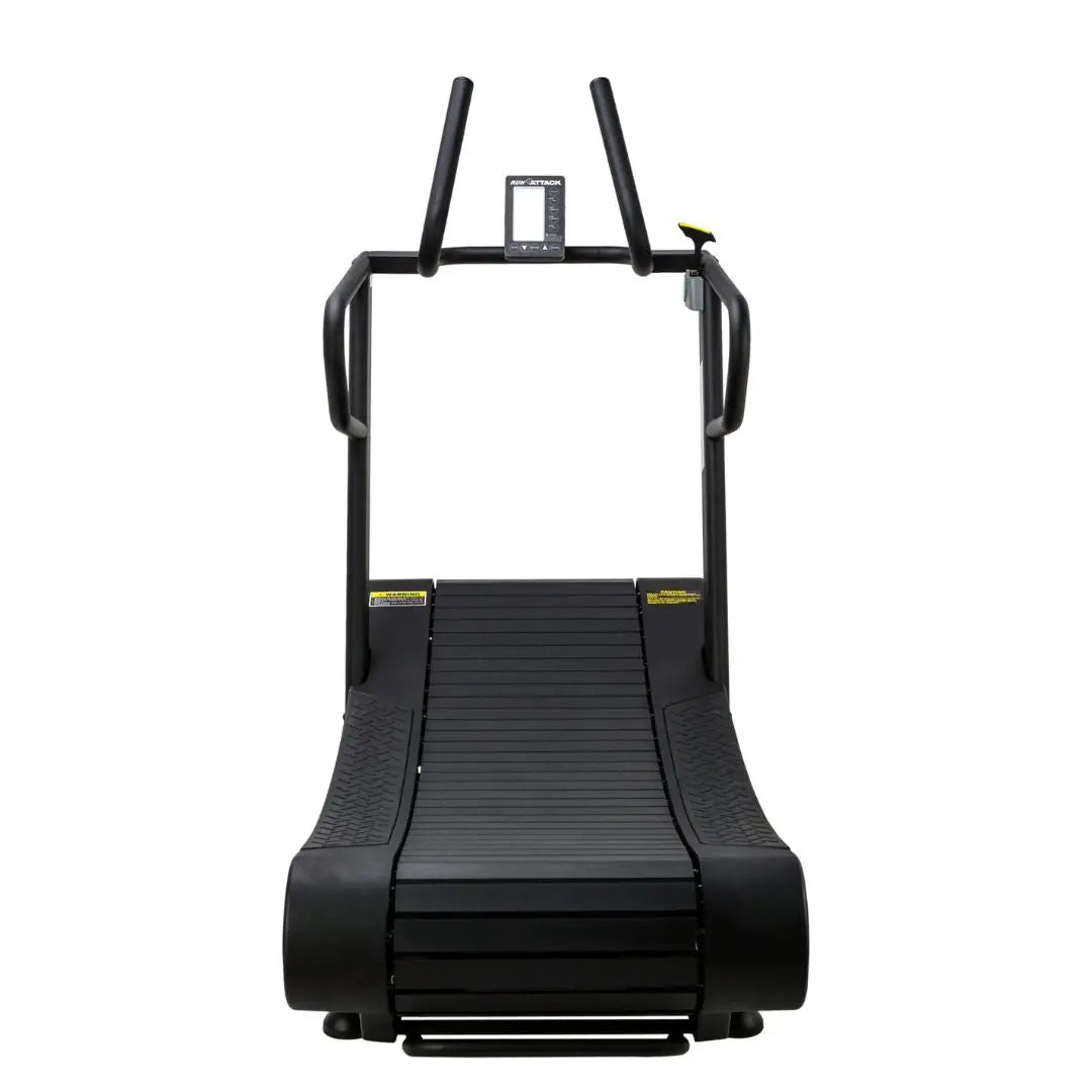 The ATTACK FITNESS - Run Attack curved treadmill in sleek black features dual handrails and a digital display. Its self-powered design optimizes running, with Attack Fitness prominently displayed on the frame.